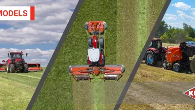 New KUHN products including a merger, mower conditioner/merger combination and a round baler