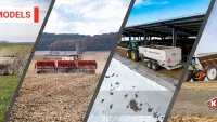 Collage image of a manure spreader, grain drill, mixer and fertilizer spreader
