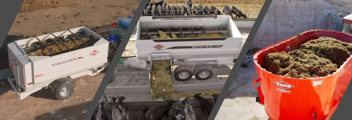 Collage image of a reel, 4-auger and vertical TMR mixers 