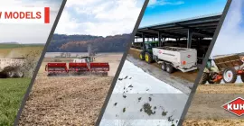 Collage image of a manure spreader, grain drill, mixer and fertilizer spreader