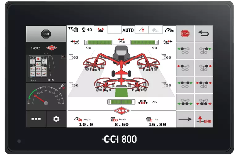 Picture of the ISOBUS terminal CCI 800 with view of the 4-rotor rake GA 13231