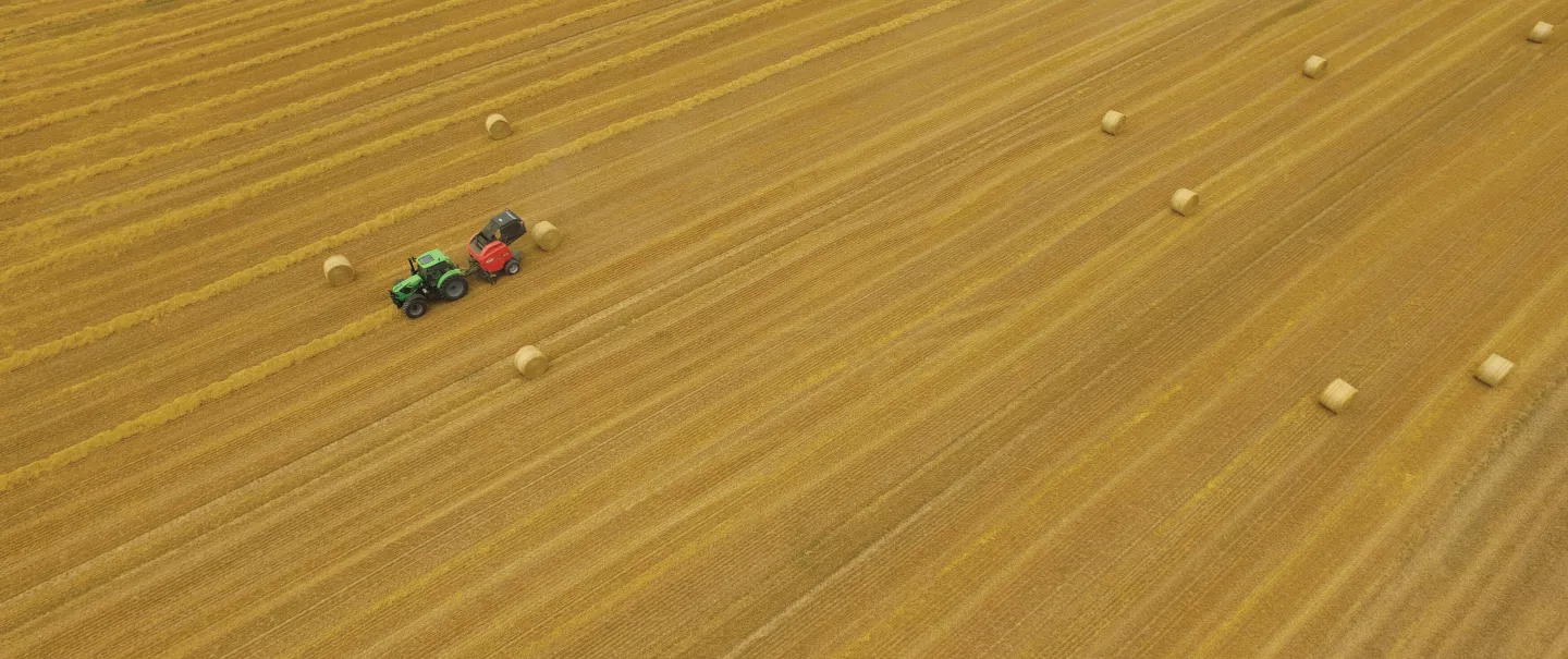 An overhead shot looking down on a VB 3195 baling straw, surrounded by many bales
