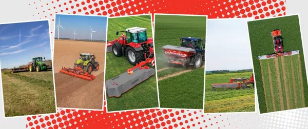 Photos of new KUHN hay tools, power harrows and fertilizer spreader for summer of 2026 